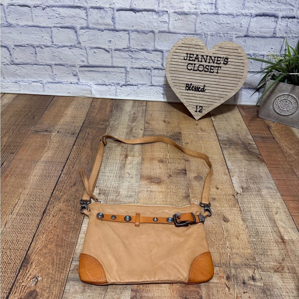 GIORGIA MILANI Purse Shoulder Crossbody Bag Tan Italian Leather Western Silver